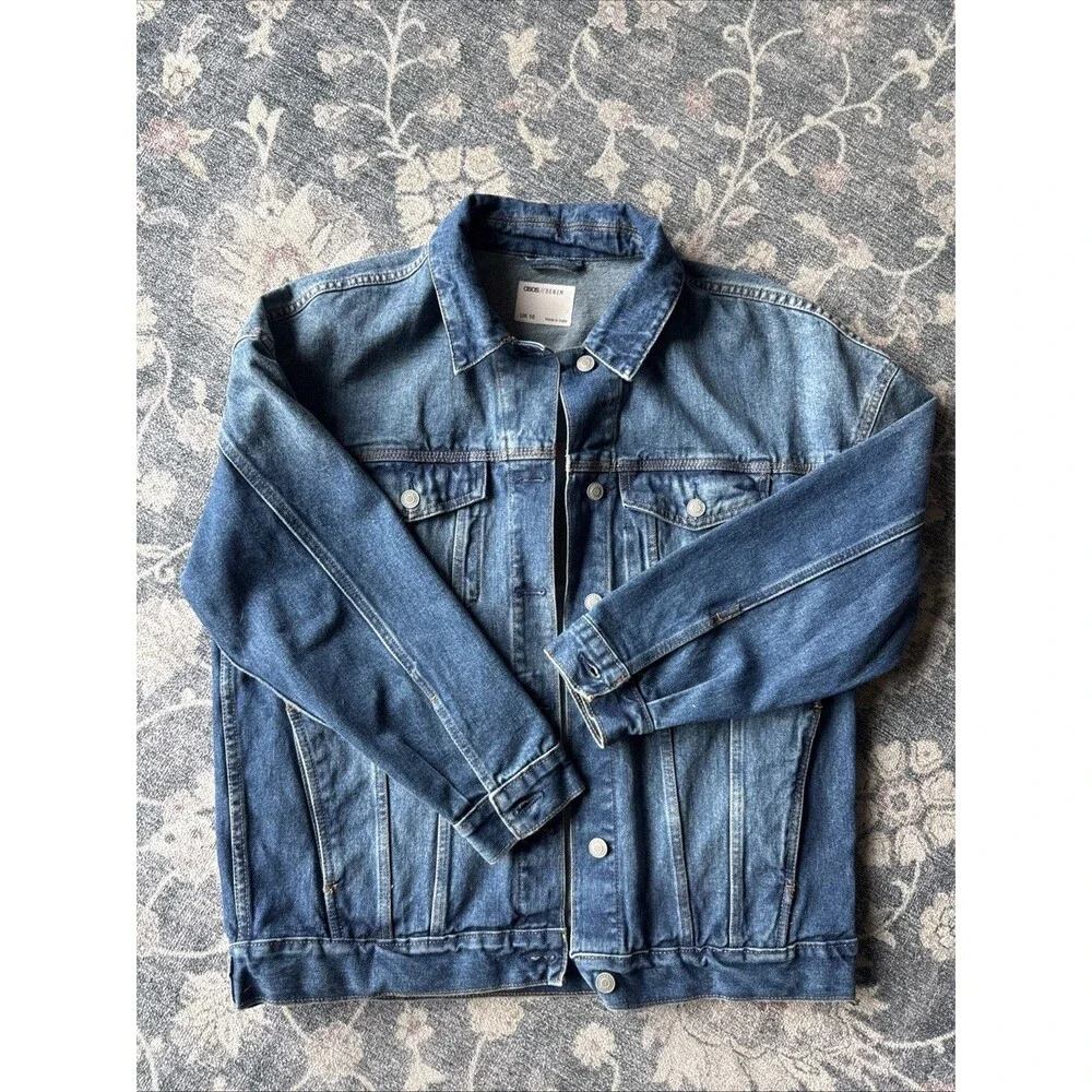 ASOS Denim Oversized Jacket Blue Collared Button Long Sleeve Jean UK 10 - Picture 1 of 6